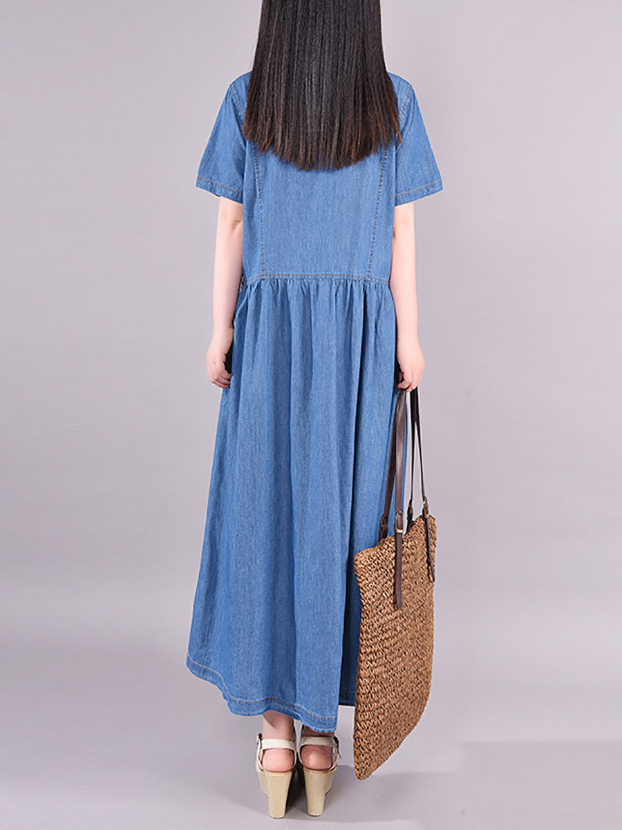 Women Retro Solid Pleated Polo Collar Denim Dress