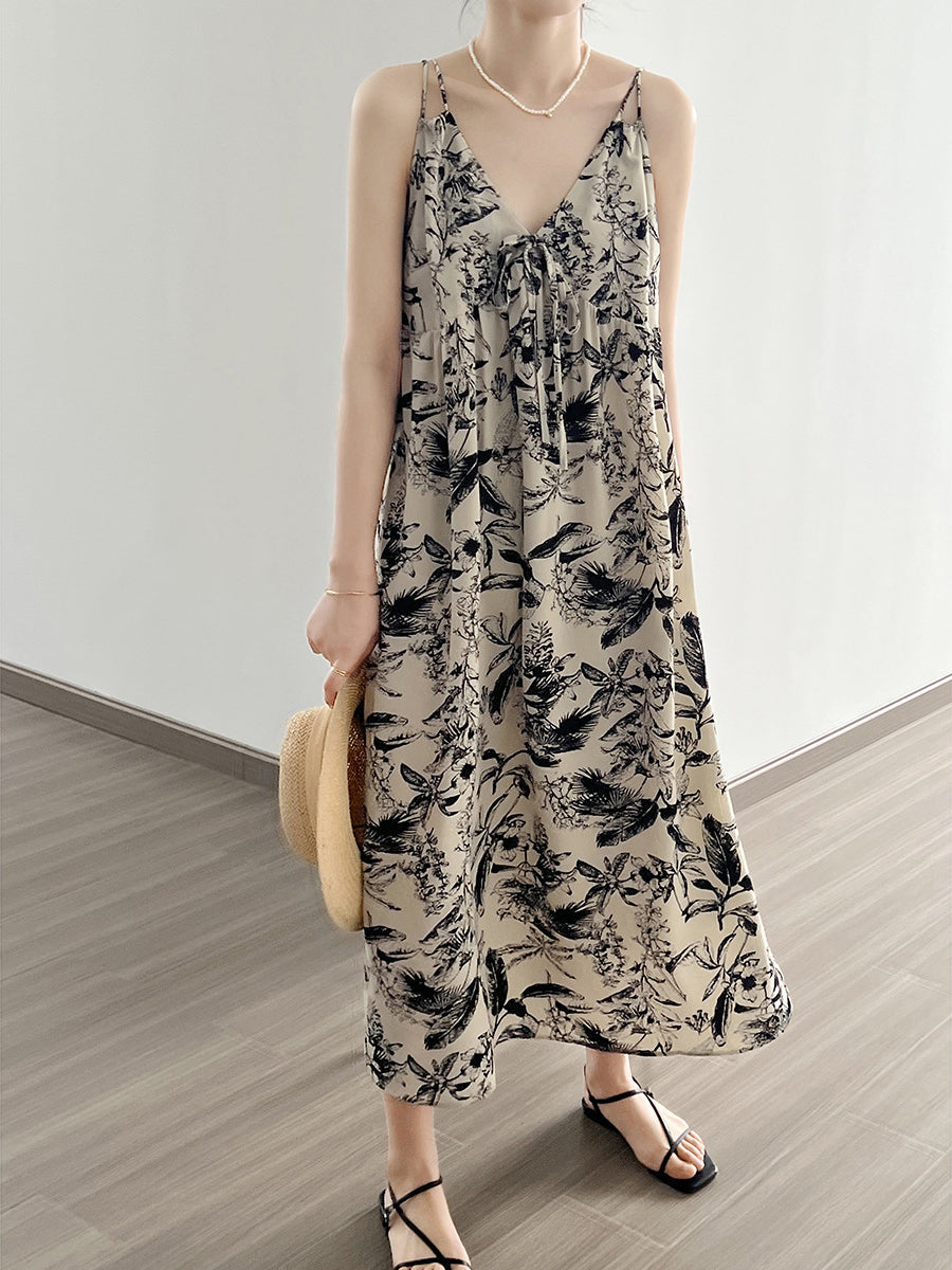 Summer Artsy Floral Ink-print Vest Dress
