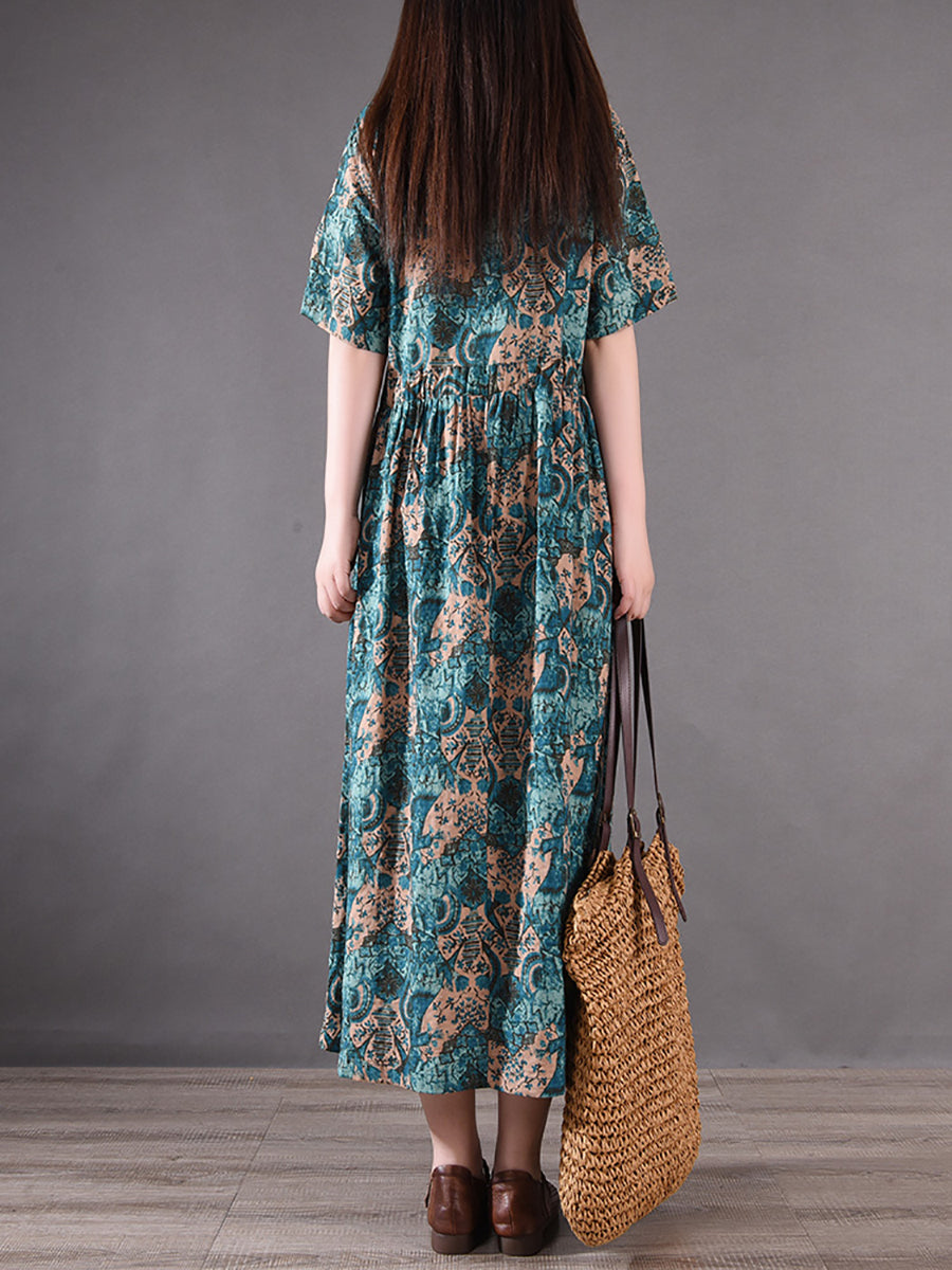 Vintage Flower Pleated Drawstring Loose Cotton Dress