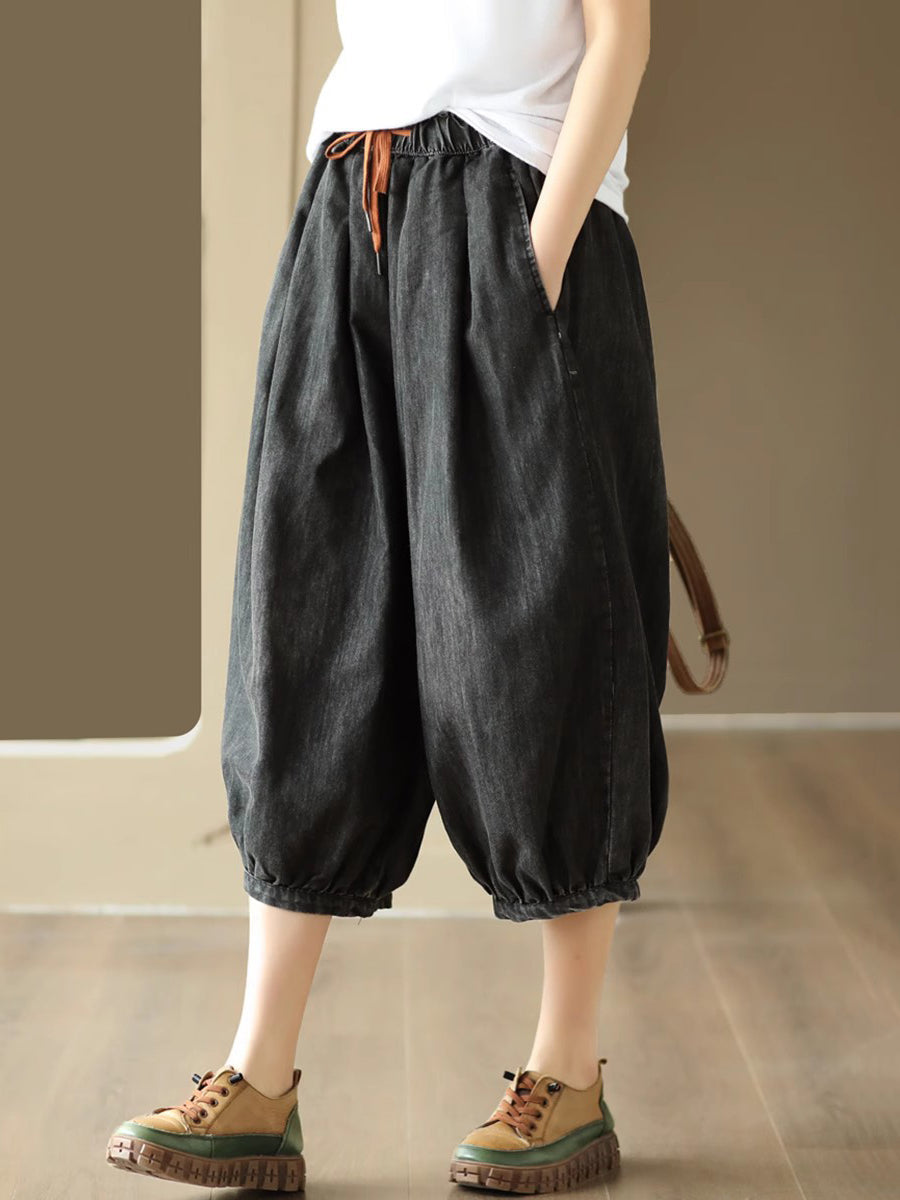 Casual Solid Color Drawstring Pocket Denim Harem Pants