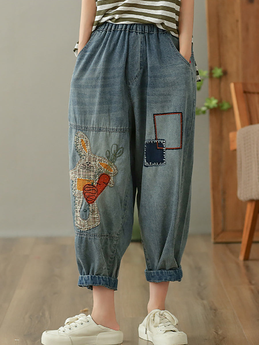 Casual Vintage Flower Embroidery Denim Harem Pants