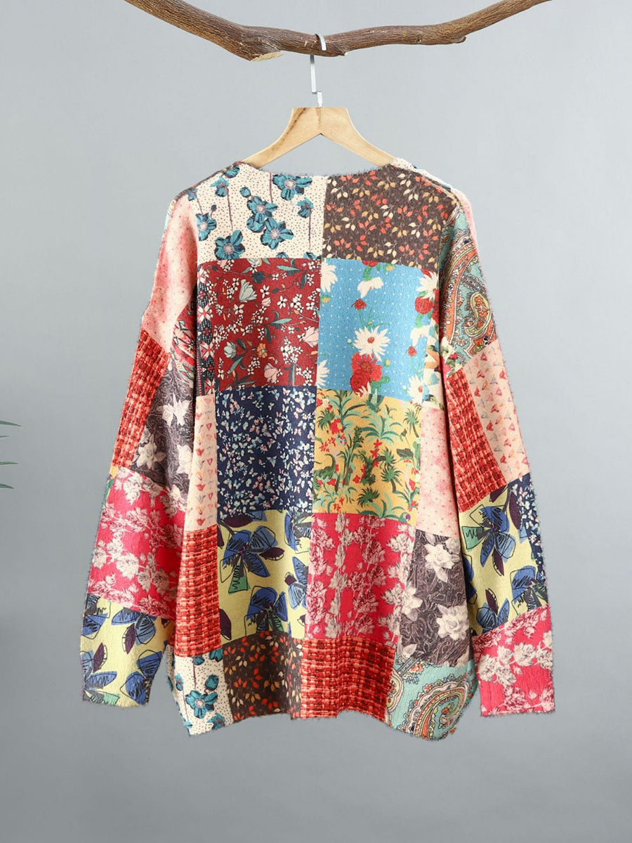 Women Ethnic Flower Patch Spliced O-Neck Sweater