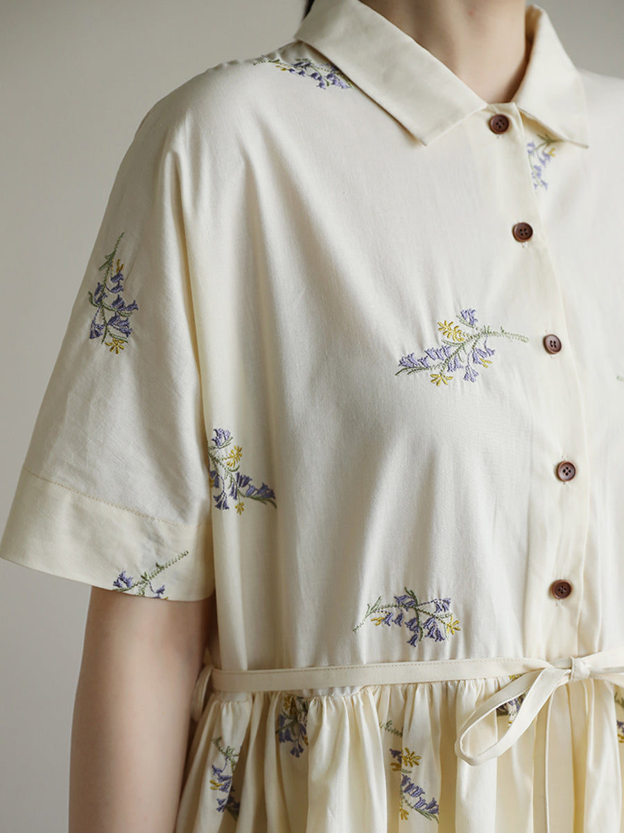 Casual Flower Embroidery Polo Collar Button Pleated Dress