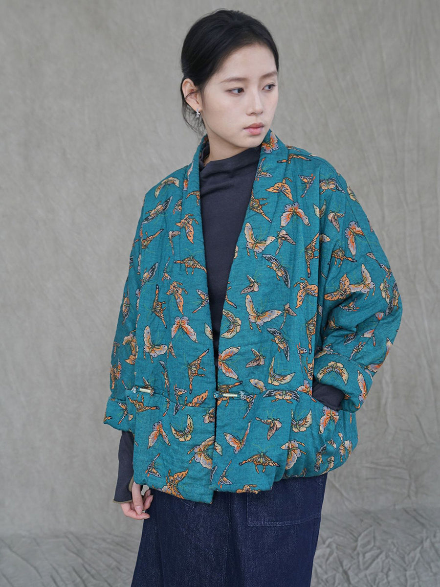 Women Vintage Butterfly Print Cotton Padded Coat