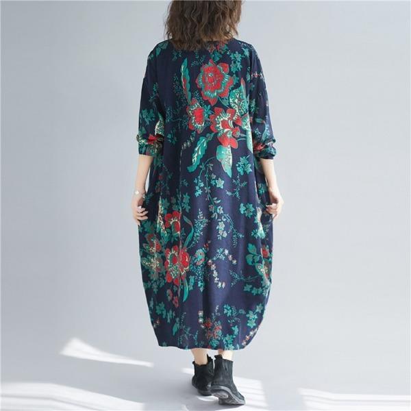 long sleeve cotton linen plus size Oversized vintage floral women casual loose autumn elegant dress clothes - Omychic