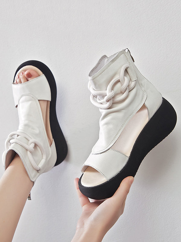 【Leather】Original Casual Solid Color Hollow Out Fish Mouth Platform Shoes