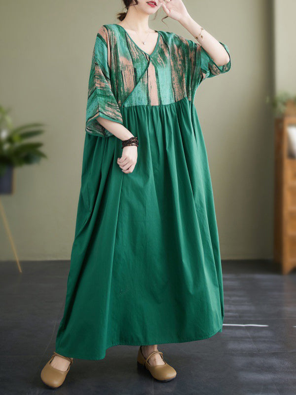 Loose Split-Joint V Neck Midi Dress Raglan Sleeve