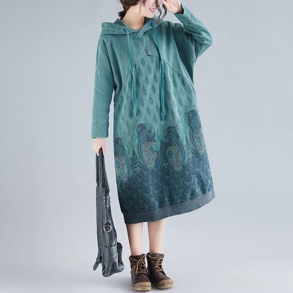 Women Printed Hooded Dress Autumn Retro Casual Print Loose Dress - Omychic