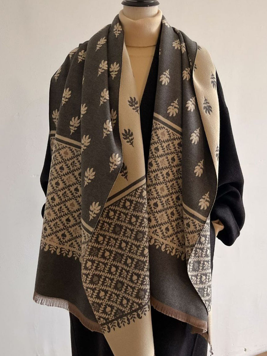 Women Winter Dual-side Print Tassel Scarf Shawl