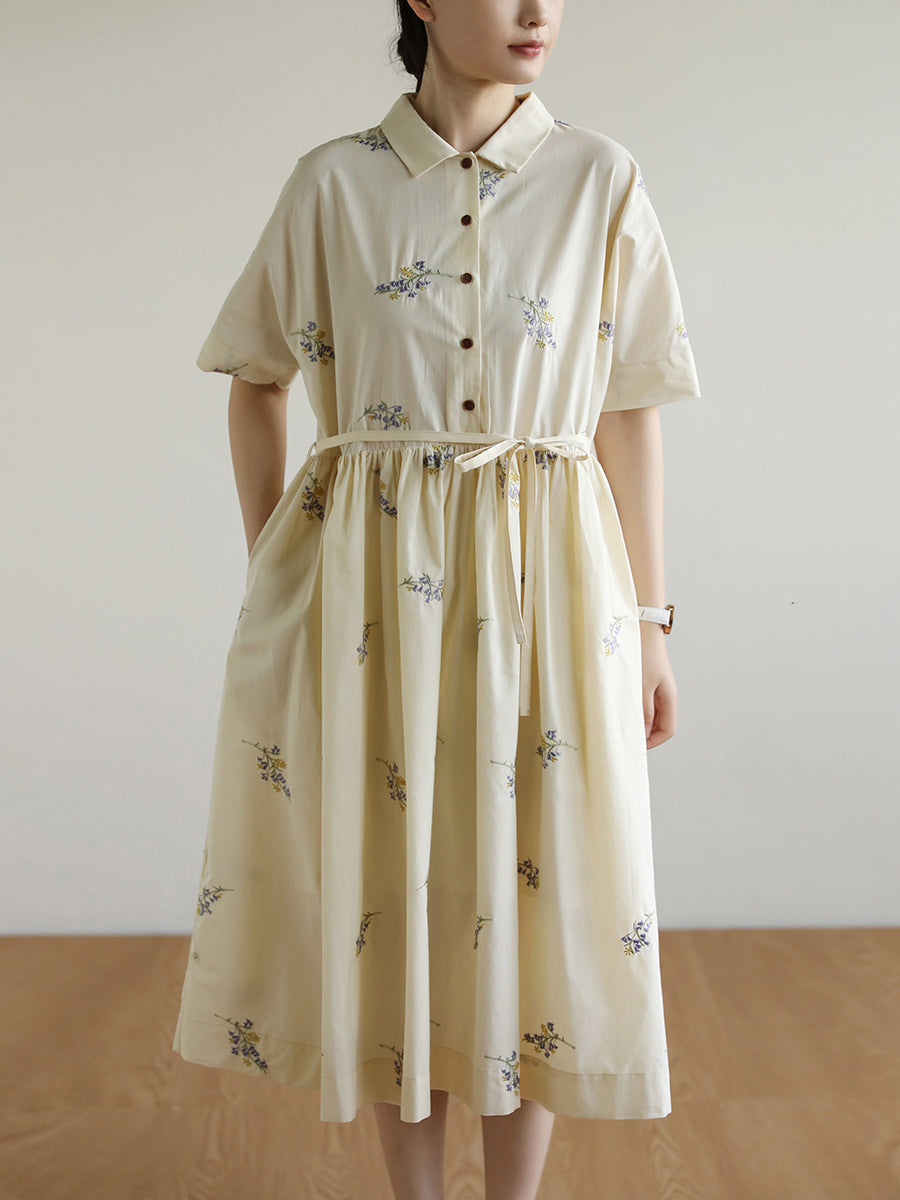 Casual Flower Embroidery Polo Collar Button Pleated Dress