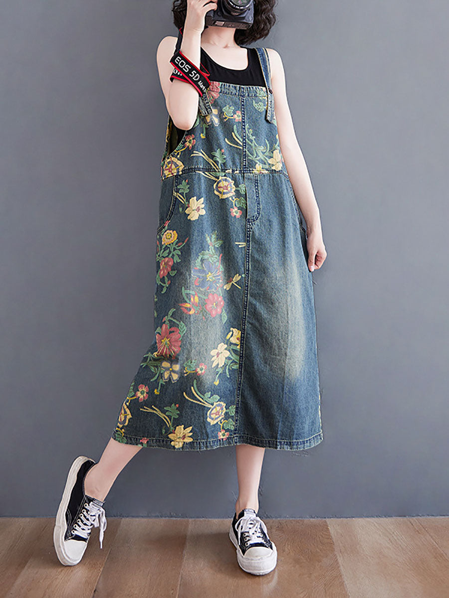 Casual Summer Flower Spliced Pocket Suspengder Dress