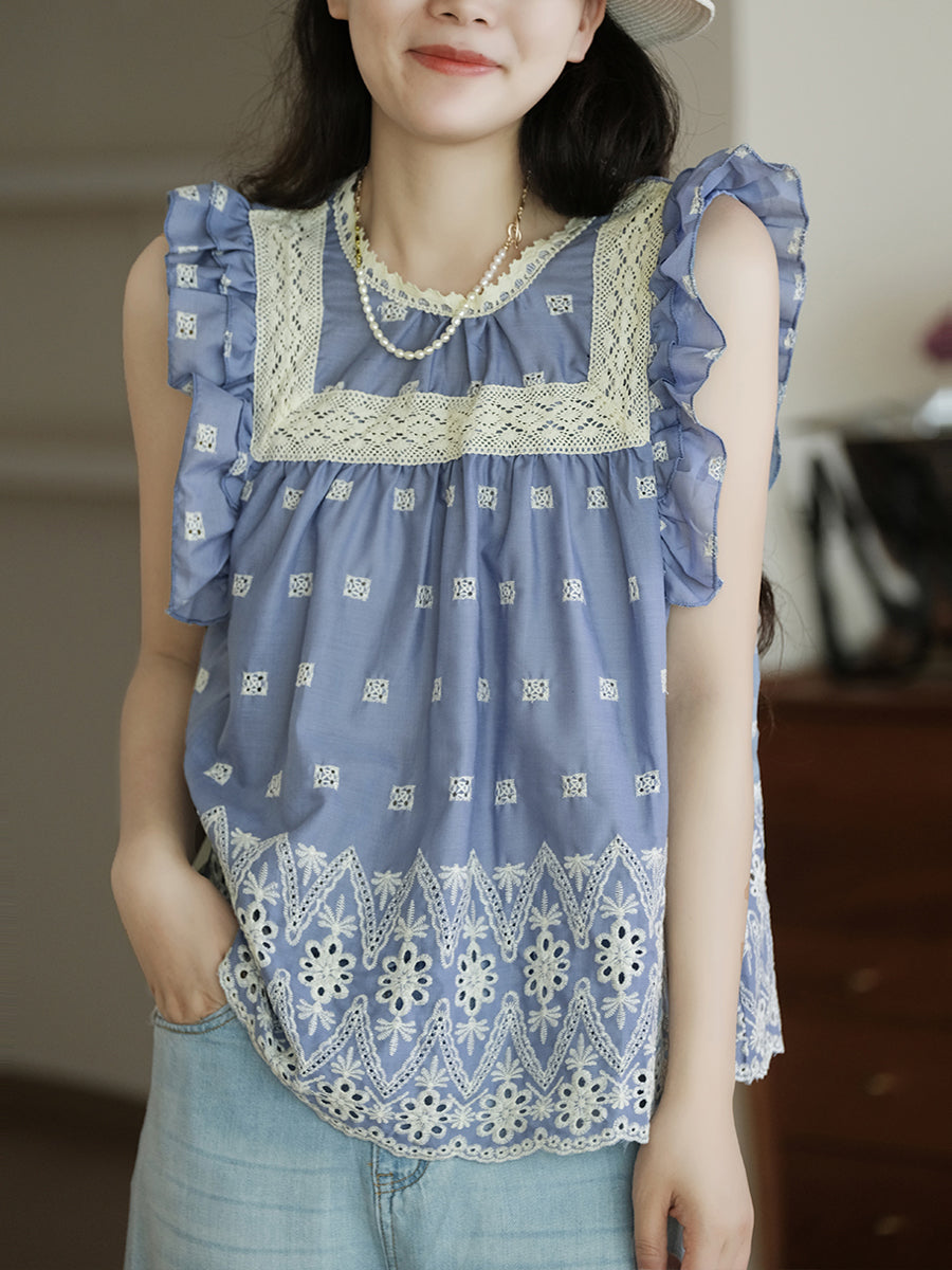 Summer Artsy Embroidery Lace Ruffle Sleeve Shirt