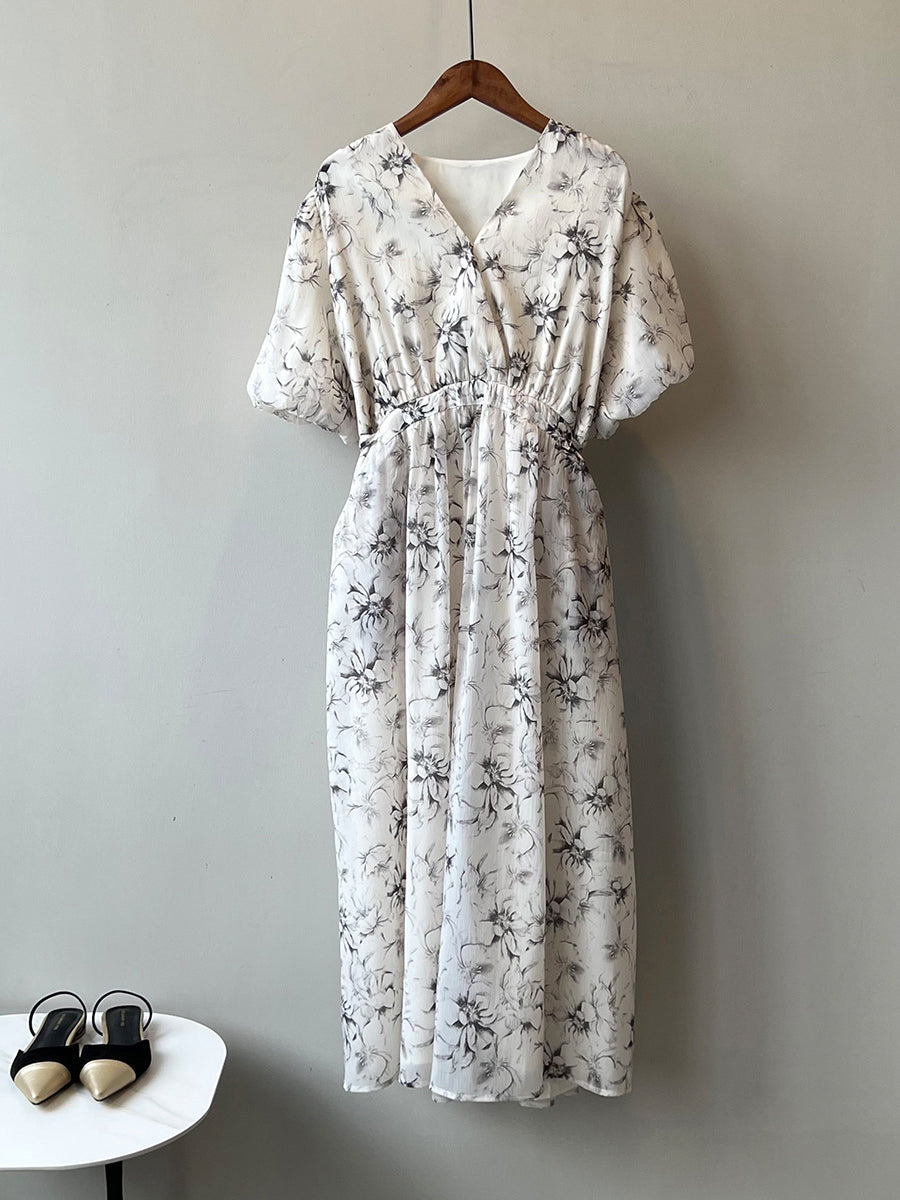 Vintage Floral V-Neck Puff Sleeve Loose Dress