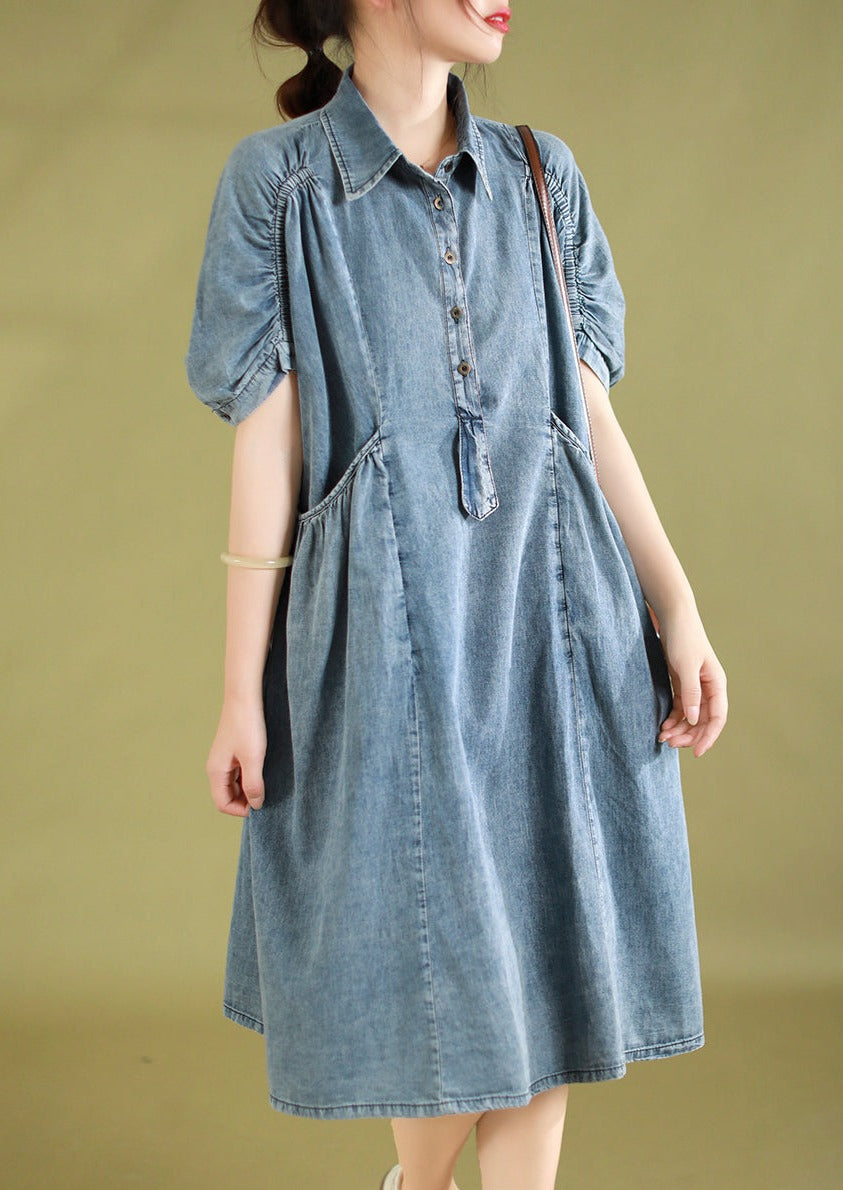 Women Summer Retro Pocket Stitching Button Denim Dress