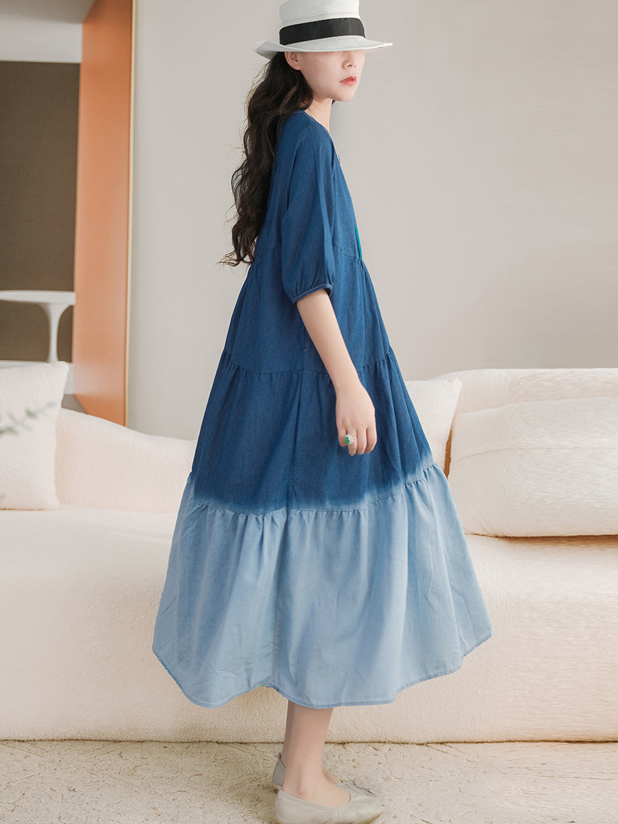 Women Summer Casual Gradient Pleated Loose Denim Dress