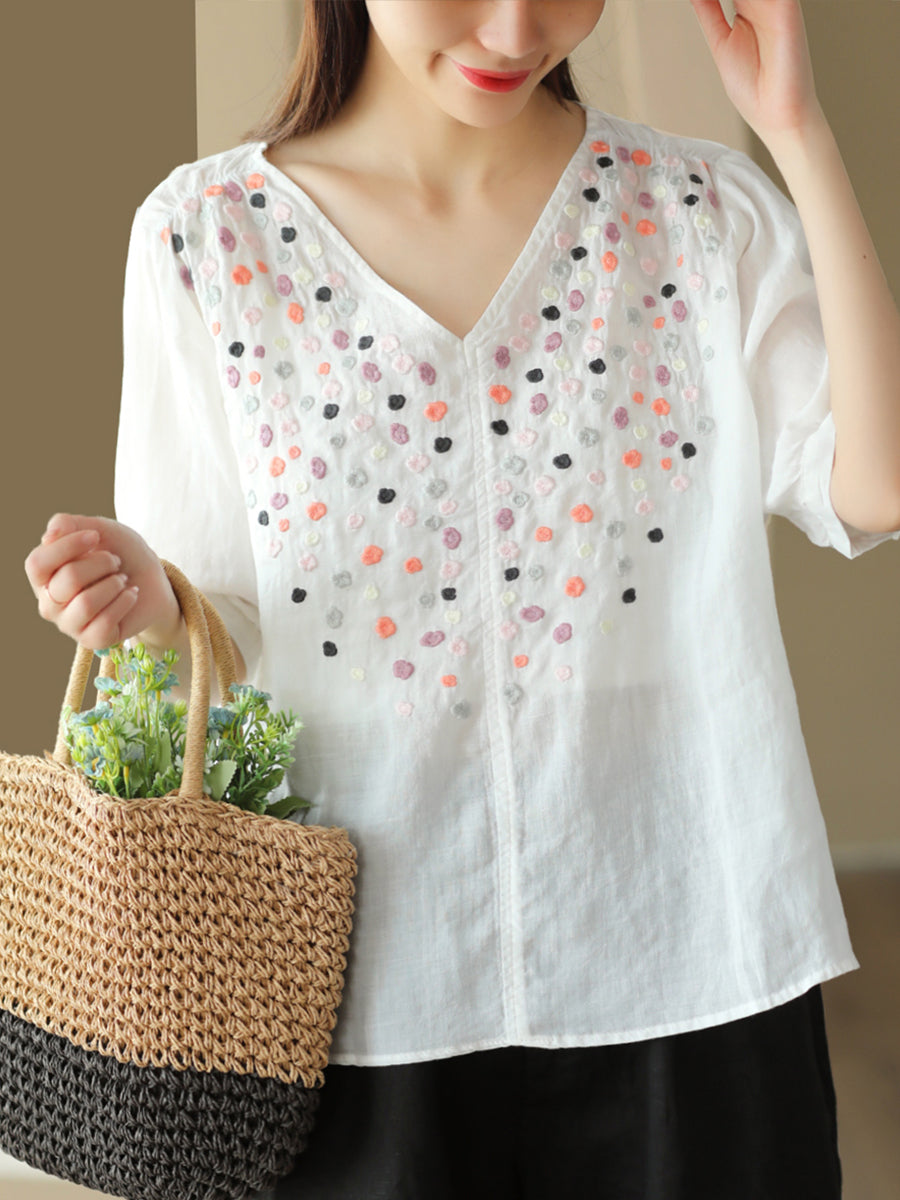 Women Summer Flower Embroidery V-Neck Ramie Tops