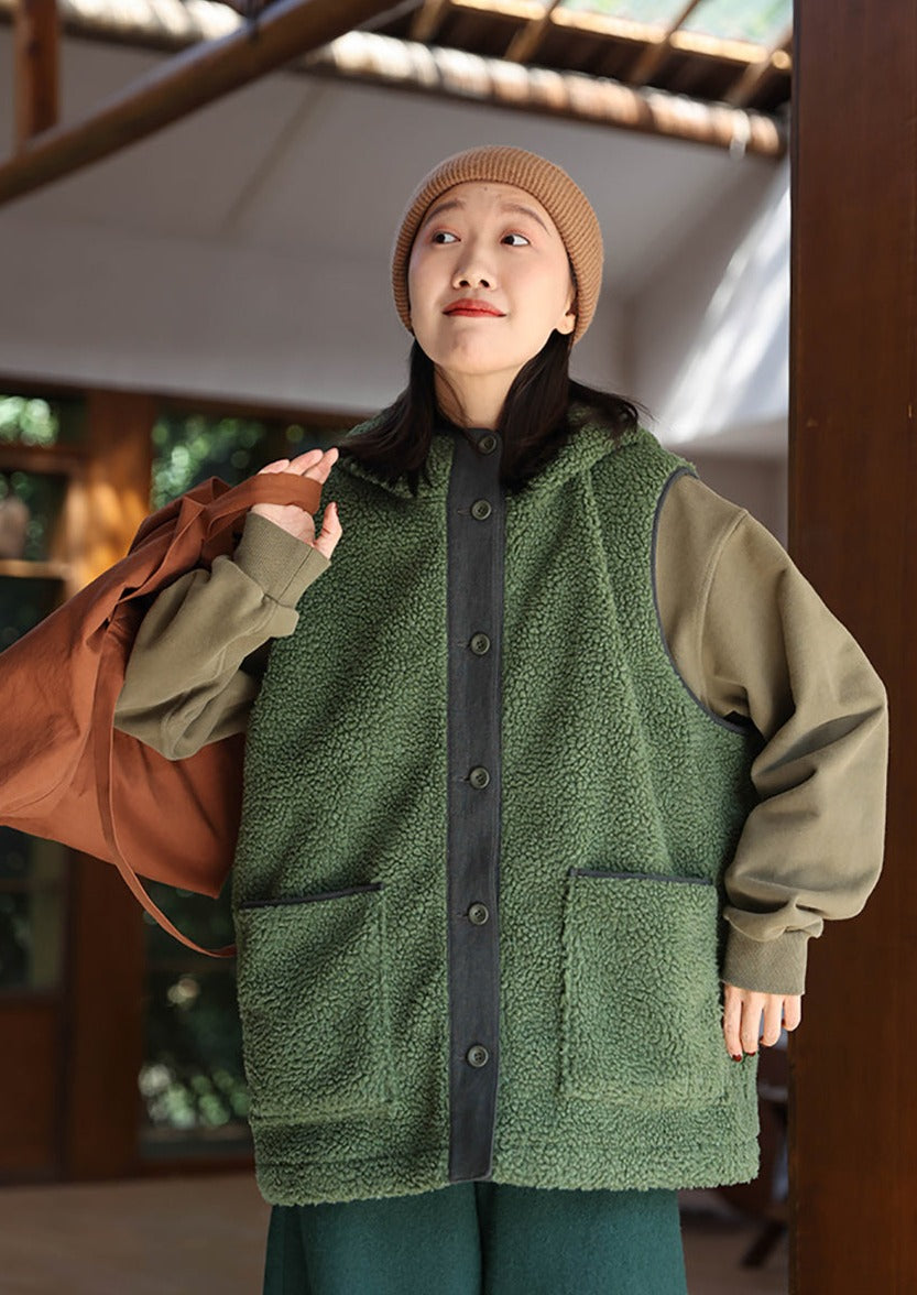 Women Winter Fleece Spliced Hooded Vest Coat