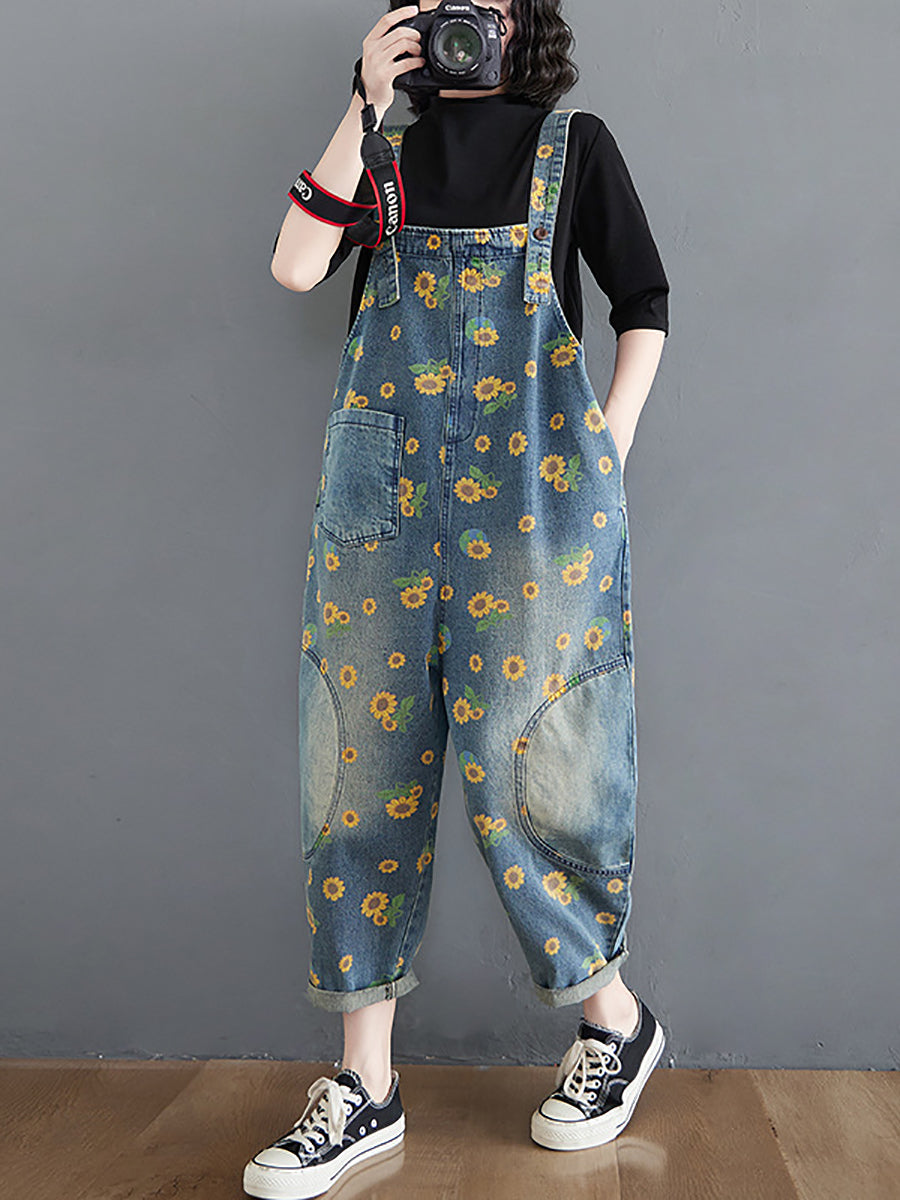Vintage Sunflower Worn Pocket Denim Jumpsuits Summer