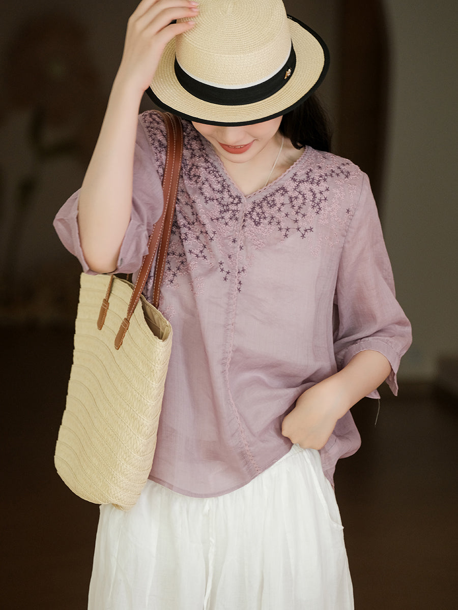 Summer Flower Embroidery Lacework Loose Ramie Shirt
