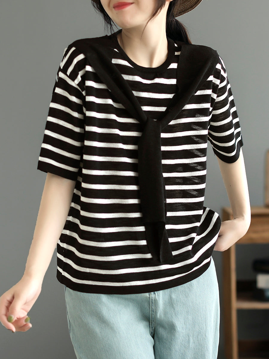 Women Summer Stripe Casual Fake Two Pieces Shirt