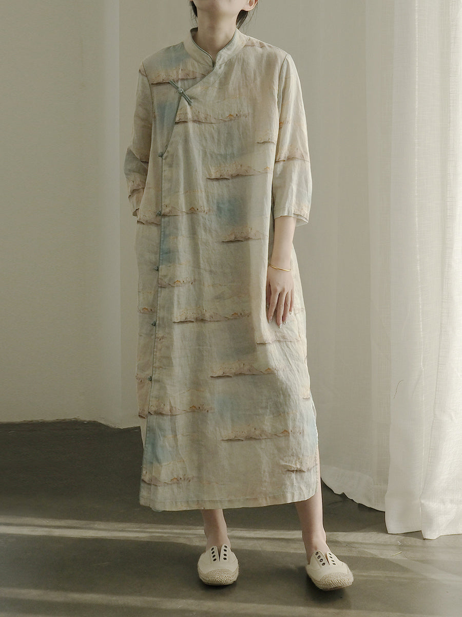 Vintage Print National Cotton Long Robe Dress