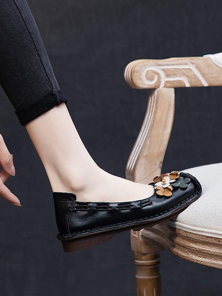 Women Summer Vintage Floral Spliced Leather Flat Shoes