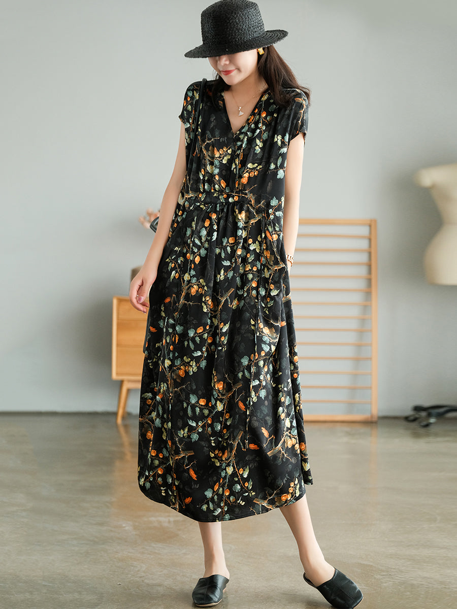 Vintage Floral Drawstring V-Neck Loose Dress