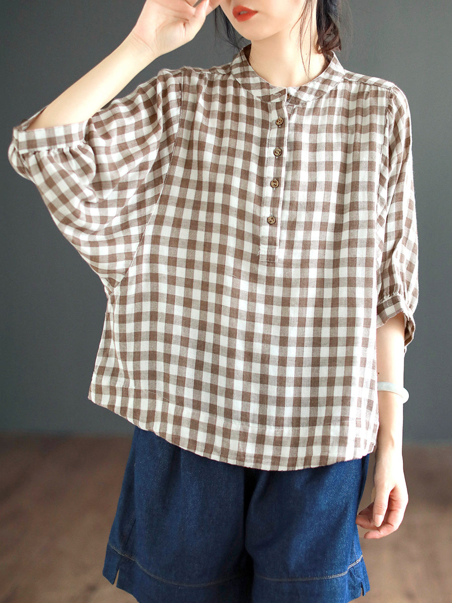 Retro Plaid Button Batwing Sleeve Cotton Shirt