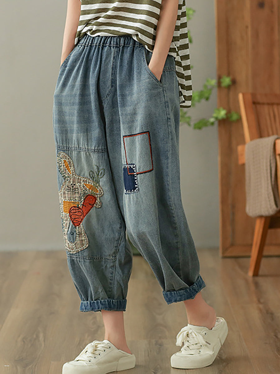 Casual Vintage Flower Embroidery Denim Harem Pants