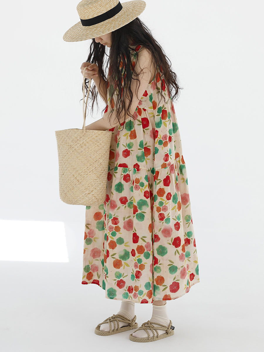 Cute O-Neck Flower Spliced Pleated Vest Dress