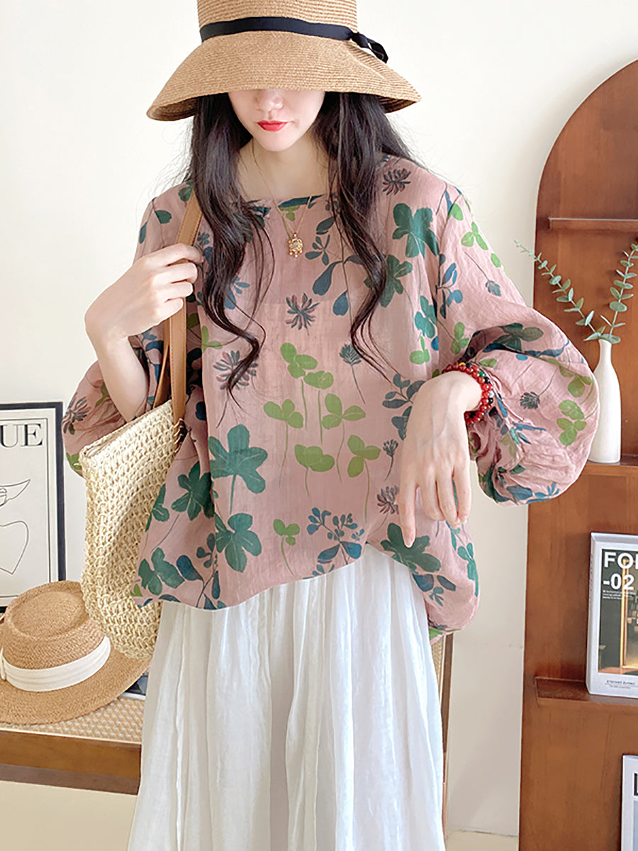 Women Summer Artsy Flower Loose O-Neck Shirt