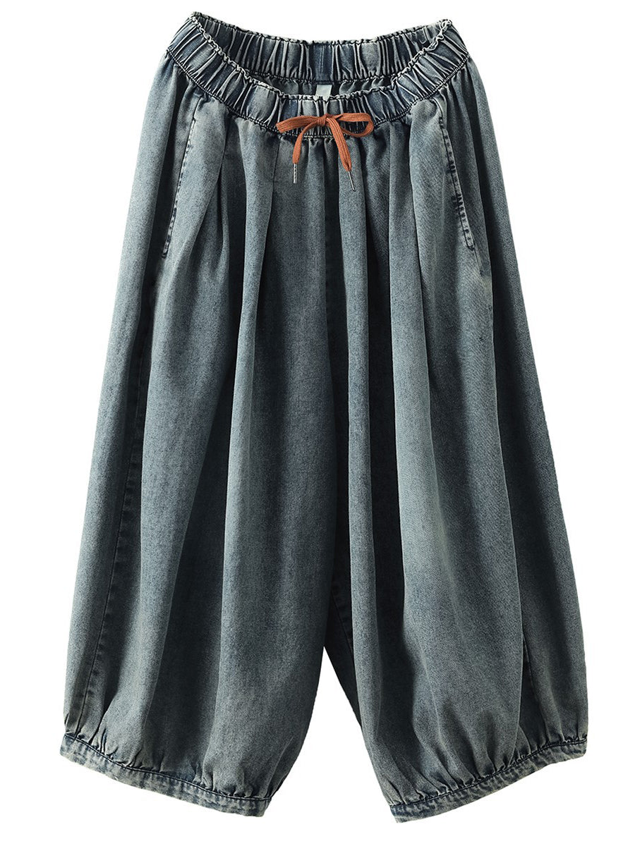 Casual Solid Color Drawstring Pocket Denim Harem Pants