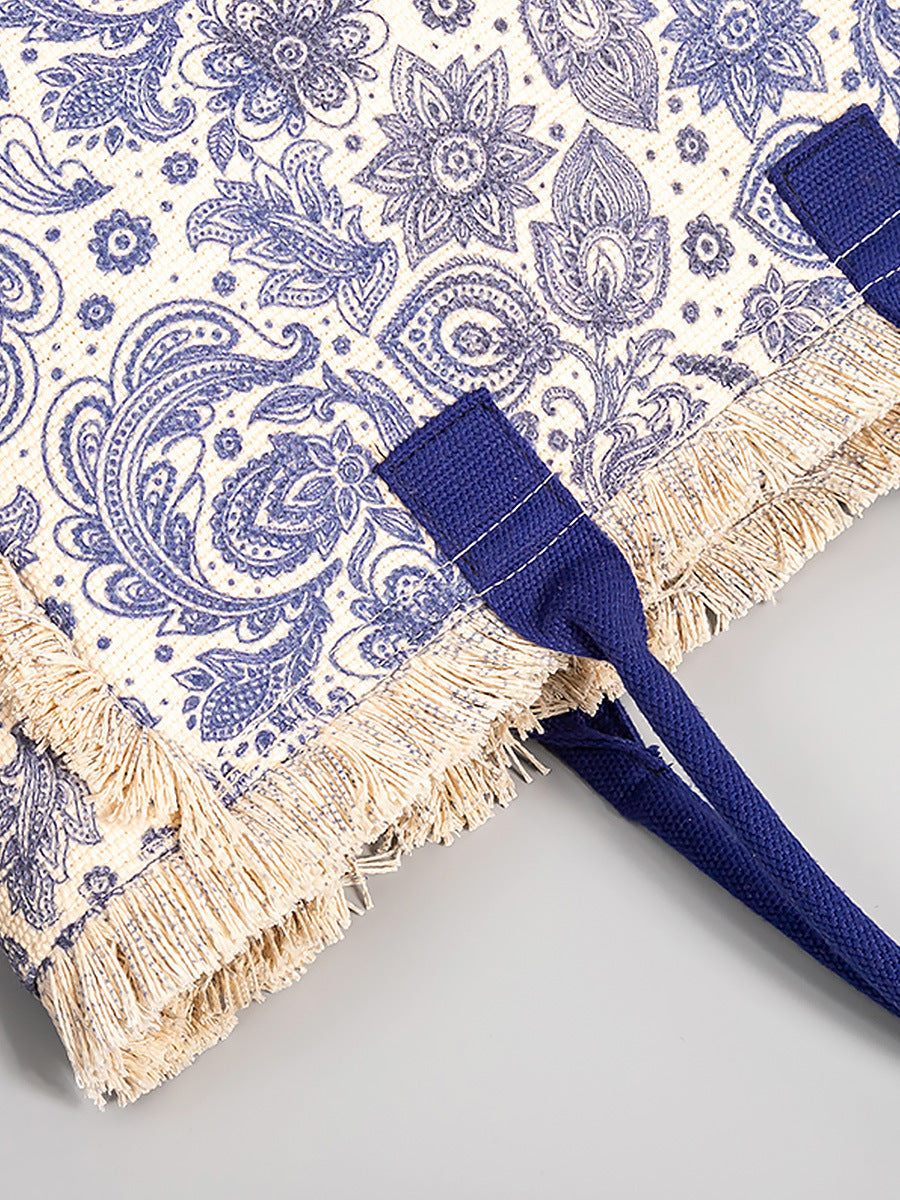 Ethnic Flower Print Raw-edge Canvas Shoulder Bag