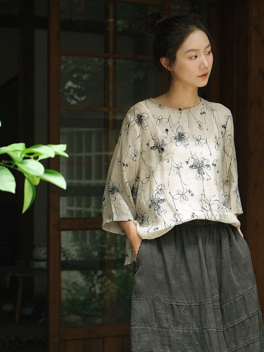 Women Summer Vintage Flower Button Ramie Shirt