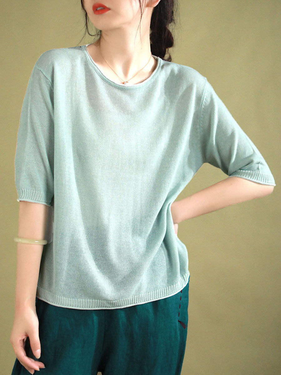 Women Summer Casual Solid Knitted Loose Shirt