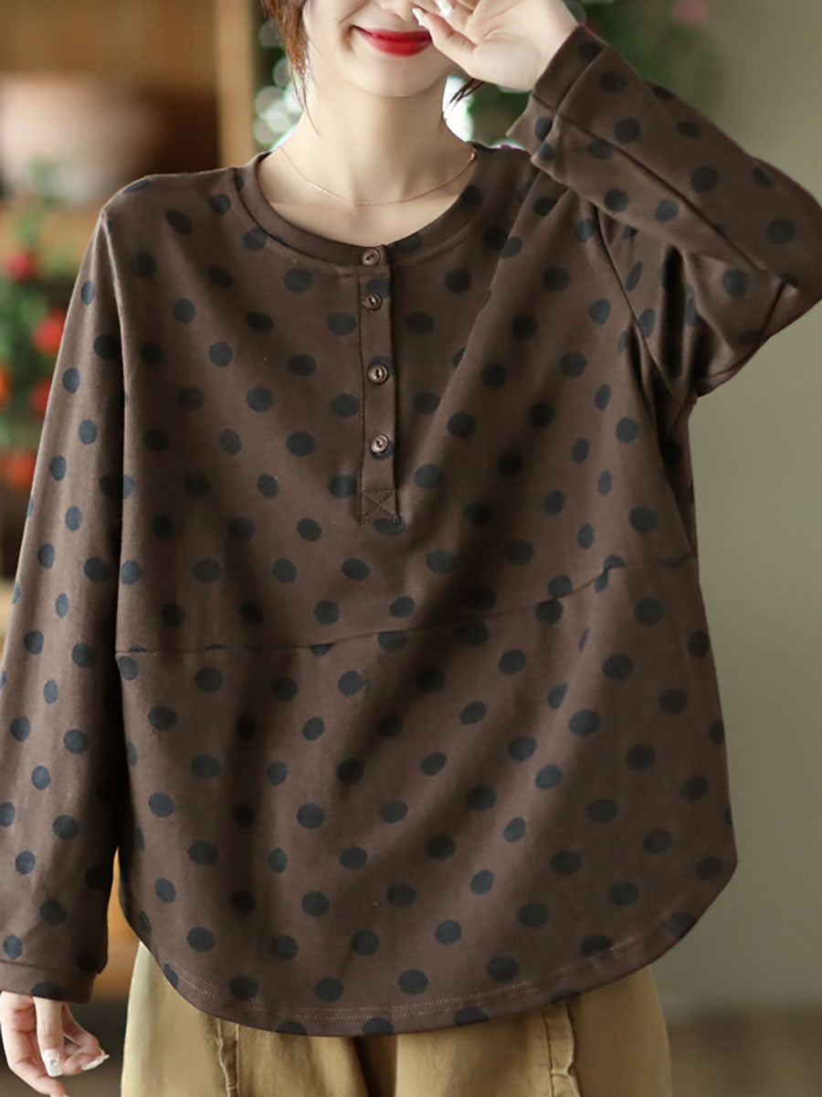 Vintage Dot Long Sleeve Pullover Casual Women T-Shirt