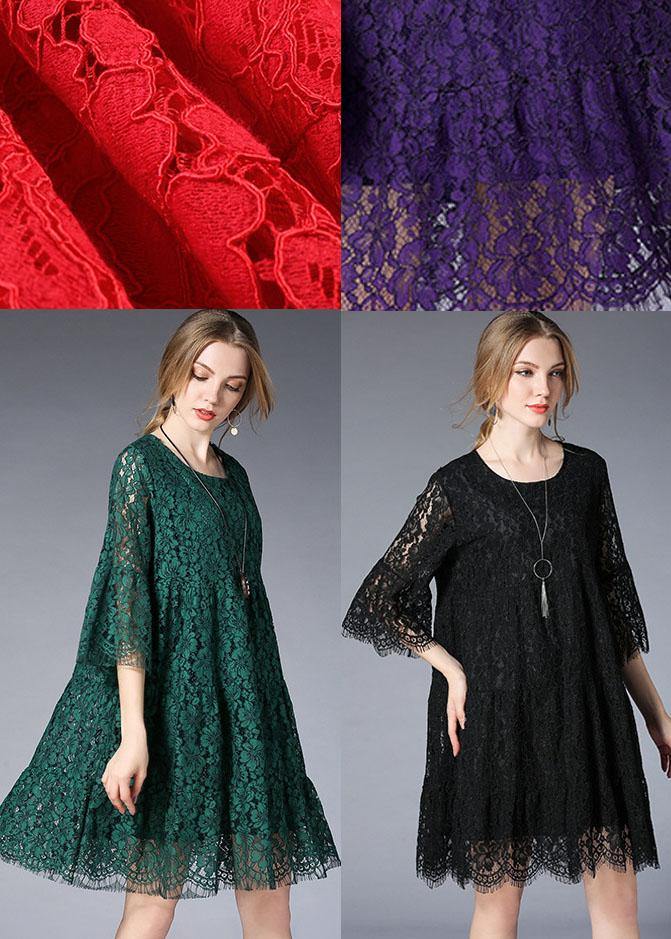 Beautiful Green O-Neck Lace Spring Vacation Dress Half Sleeve