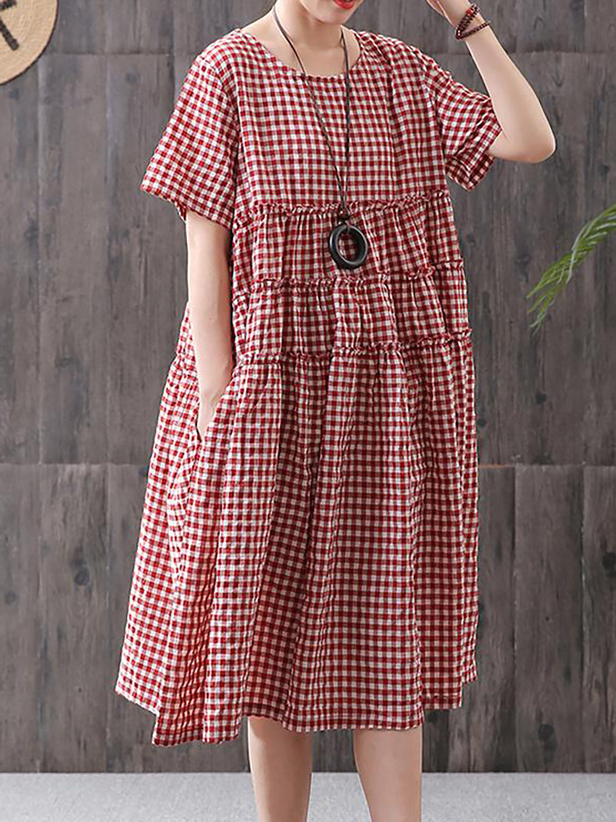 Summer Loose Cotton Plaid Dress Short Sleeve