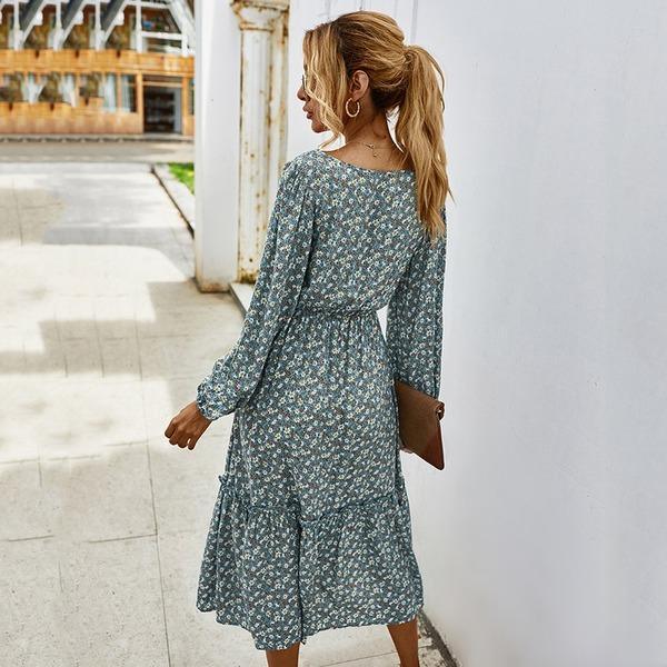 Women Long Dress Spring Winter Long Sleeve Elegant Ladies Flower Square Collar Dresses Party - Omychic