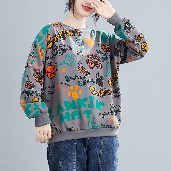 Print O-neck Loose Female Long Sleeve Cotton Tops - Omychic