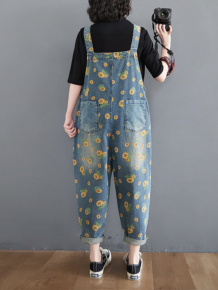Vintage Sunflower Worn Pocket Denim Jumpsuits Summer