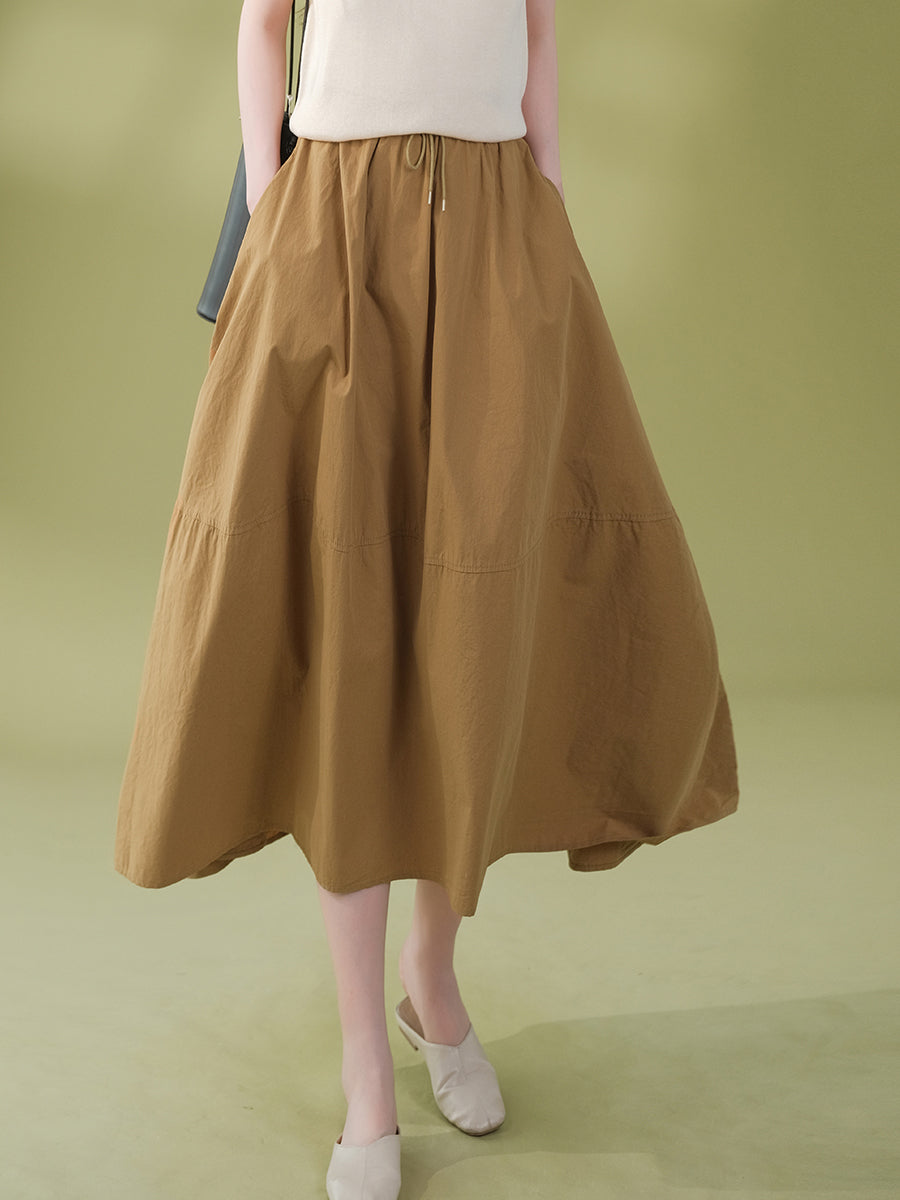 Solid Color Loose Pocket Drawstring Cotton Skirt