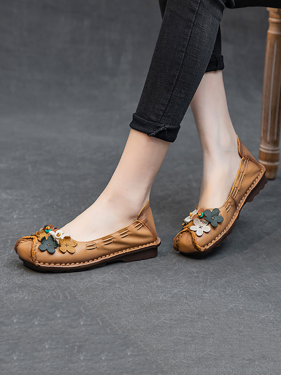 Women Summer Vintage Floral Spliced Leather Flat Shoes