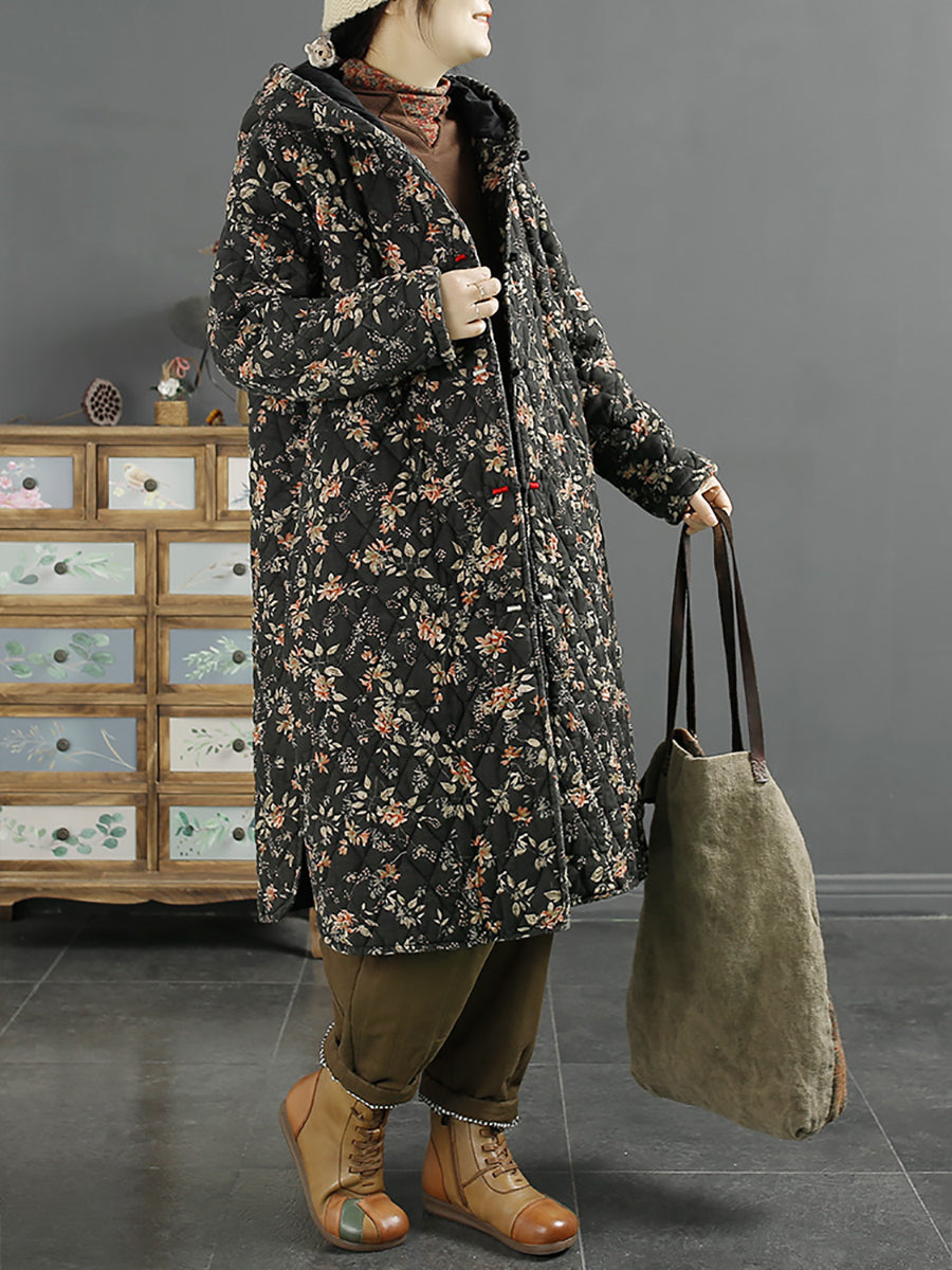 Women Ethnic Winter Floral Hooded Long Padded Coat