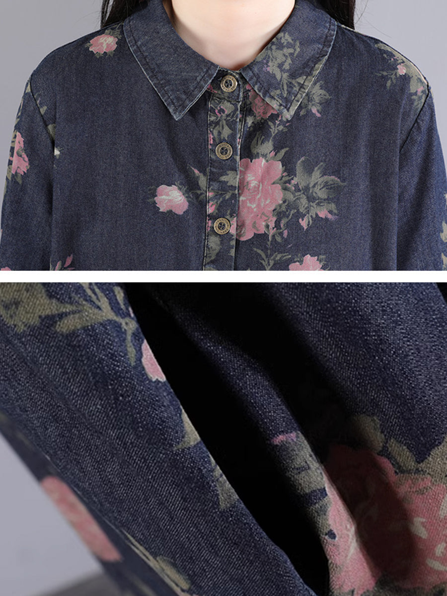Vintage Flower Print Pocket Loose Button Denim Dress