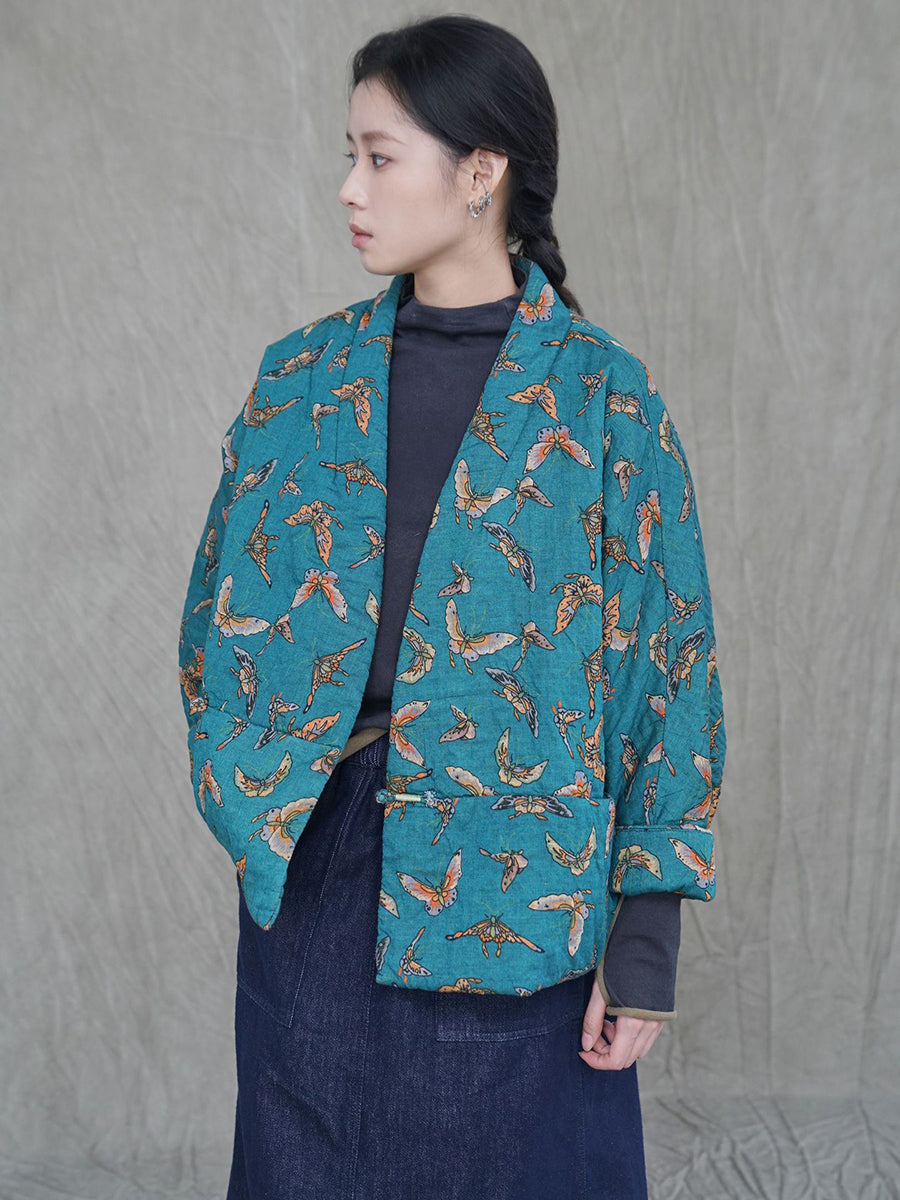 Women Vintage Butterfly Print Cotton Padded Coat