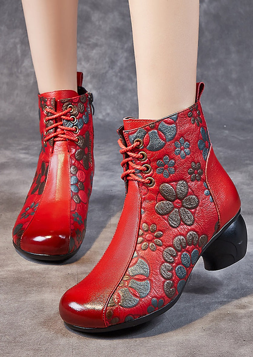 Women Retro Leather Flower Print Chunky Heel Boots