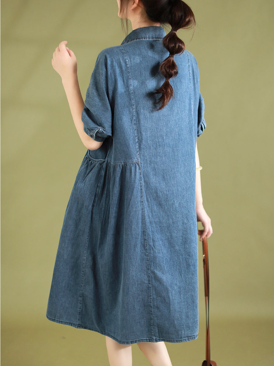 Women Summer Retro Pocket Stitching Button Denim Dress