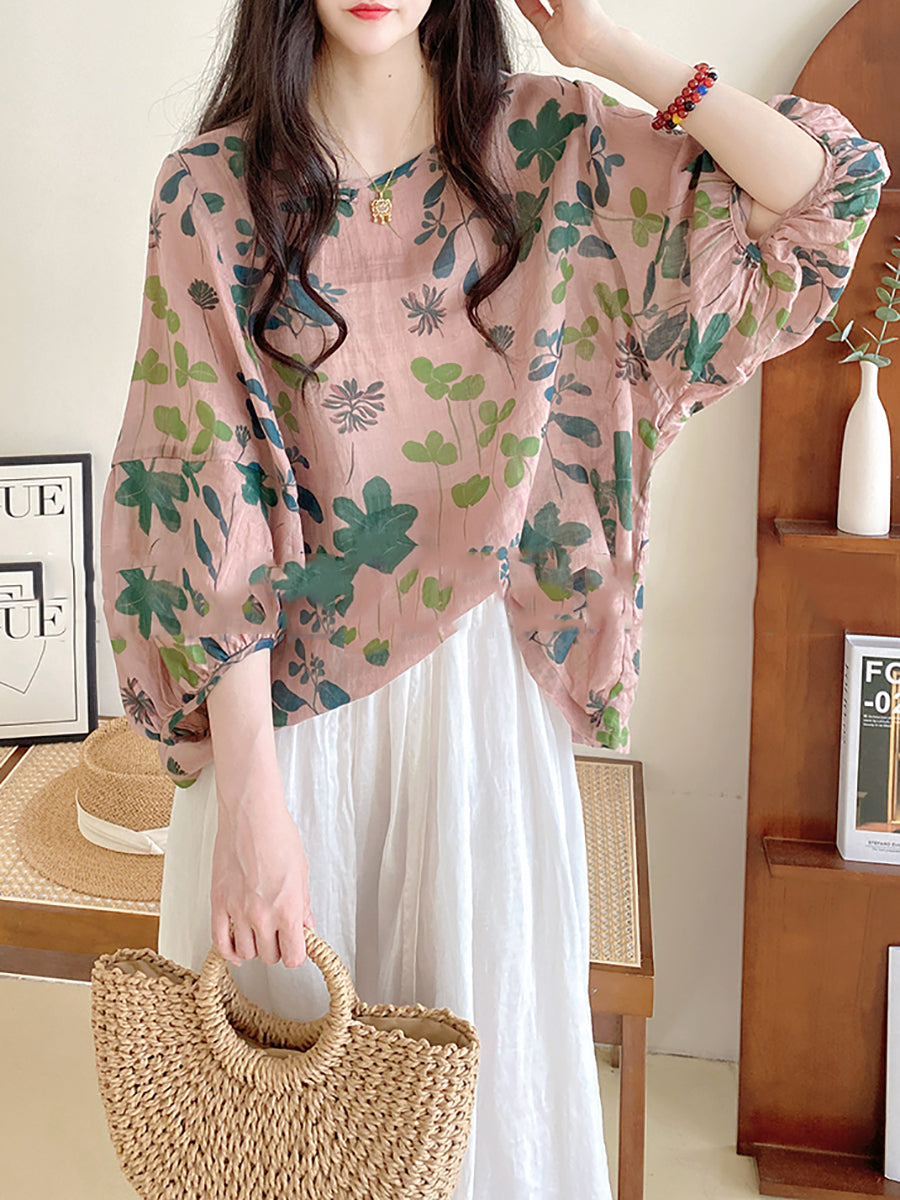 Women Summer Artsy Flower Loose O-Neck Shirt