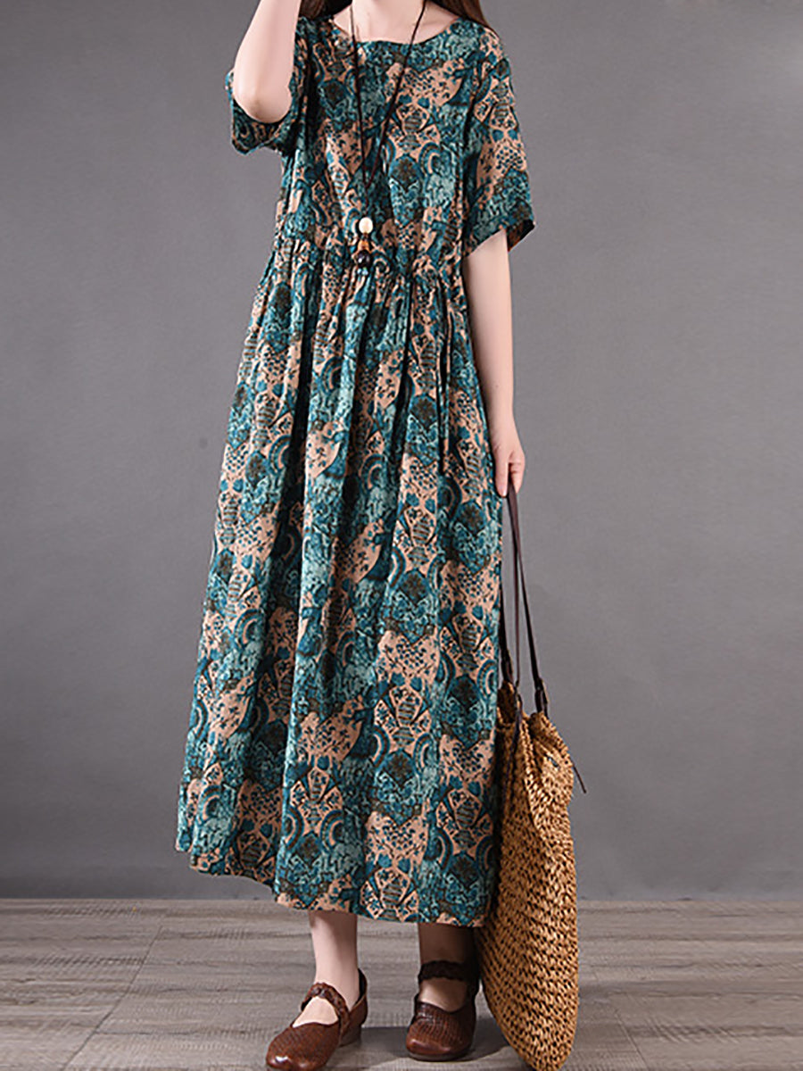 Vintage Flower Pleated Drawstring Loose Cotton Dress